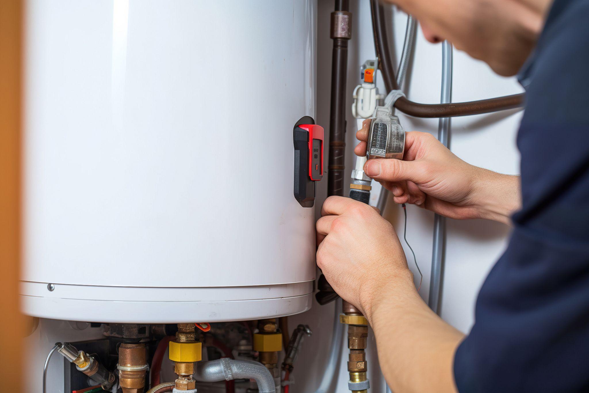 Technician performing water heater repair beside a utility sink in Scarborough - ME during a no-hot-water call
