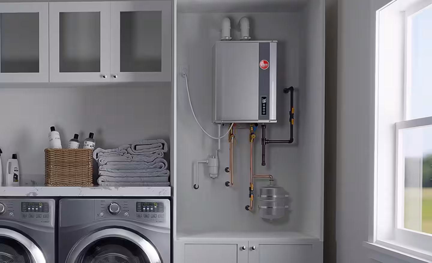 Tankless Water Heater Service in Scarborough - ME as a technician inspects wall-mounted heating equipment