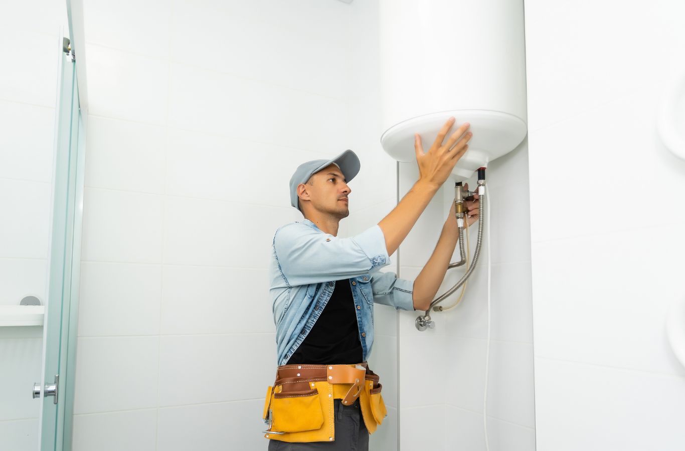 Technician positioning a wall tank, illustrating Water Heater Installation in Biddeford, ME by Wanda’s Water Heaters.